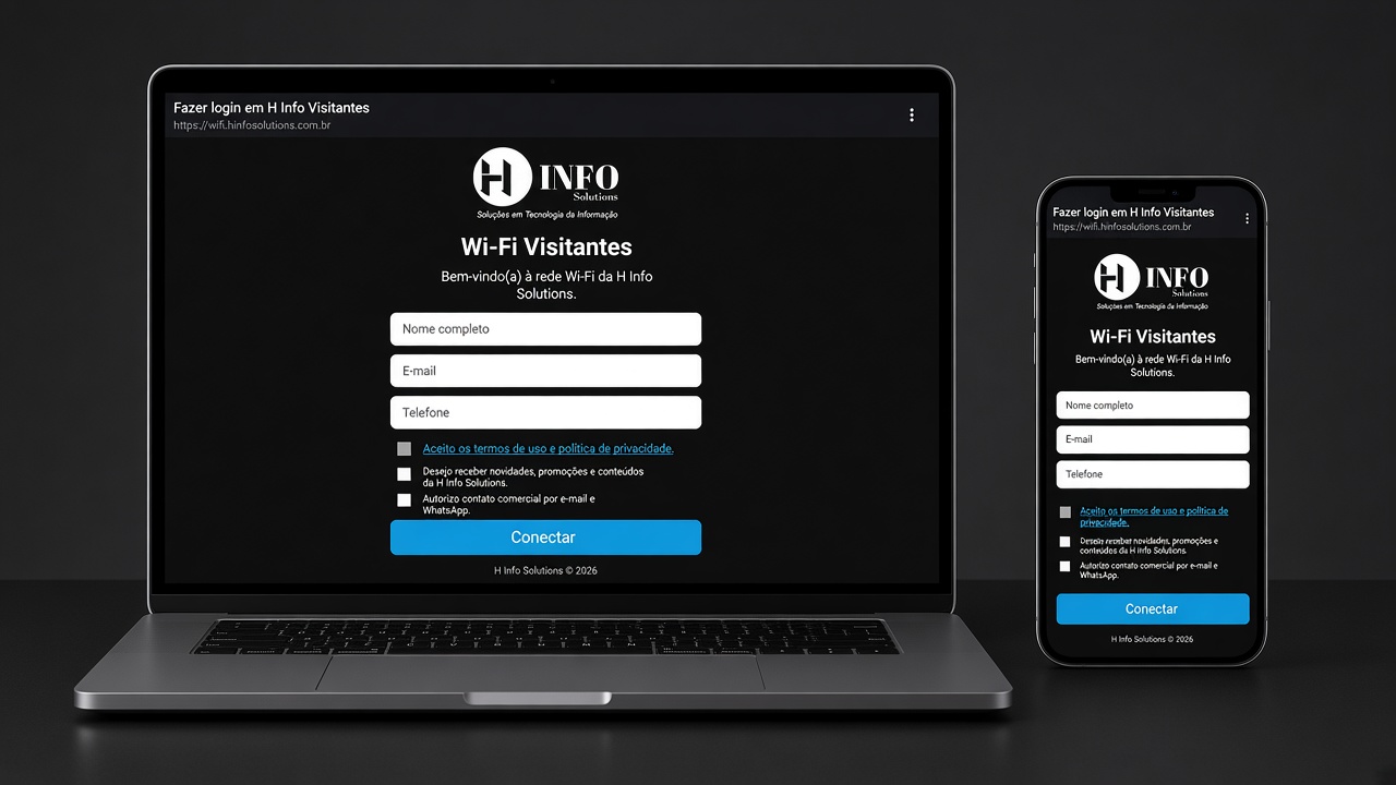 Portal Wi-Fi Visitantes H Info Solutions em notebook e celular